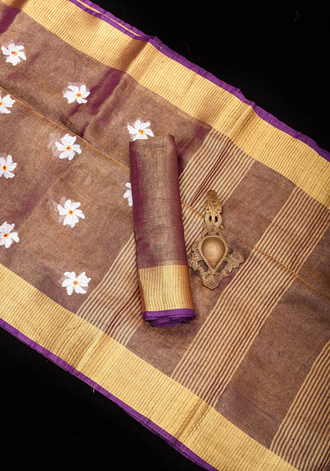 Parijaat Flower Embroidery Tissue Linen Saree in Purple | Shobitam saree