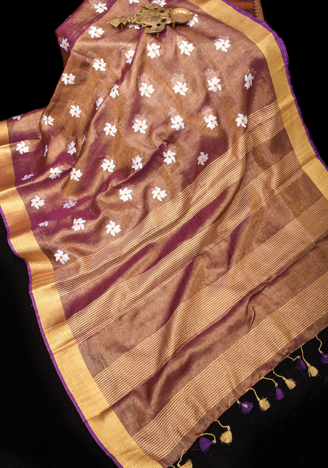 Parijaat Flower Embroidery Tissue Linen Saree in Purple | Shobitam saree