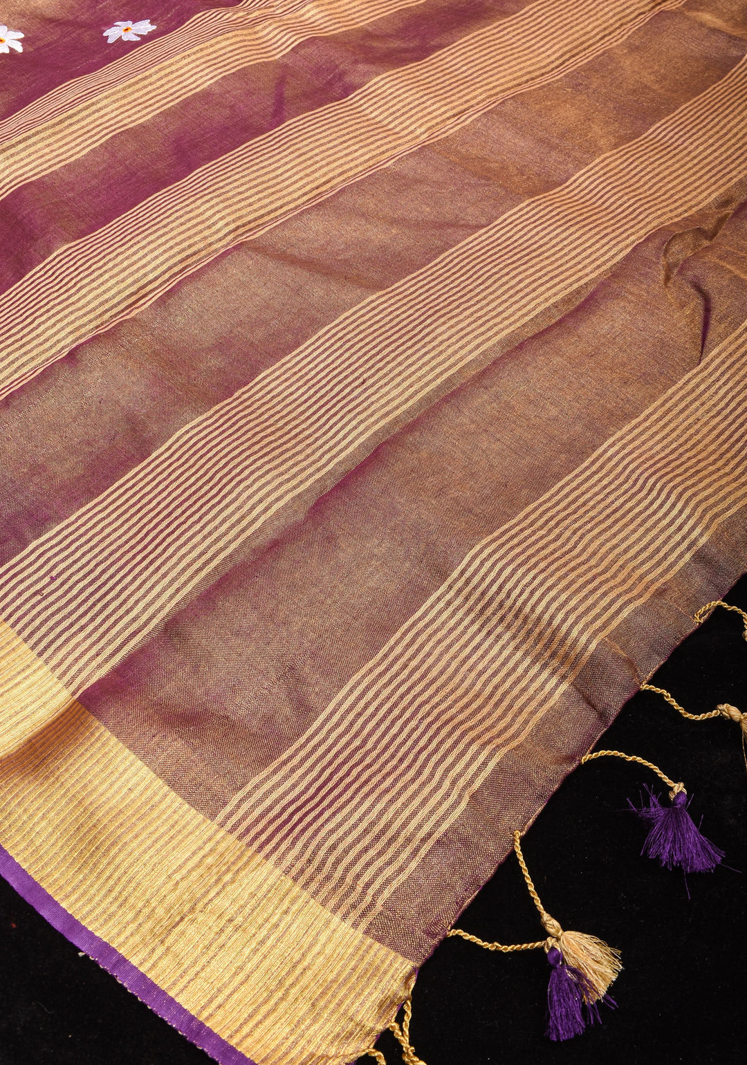 Parijaat Flower Embroidery Tissue Linen Saree in Purple | Shobitam saree