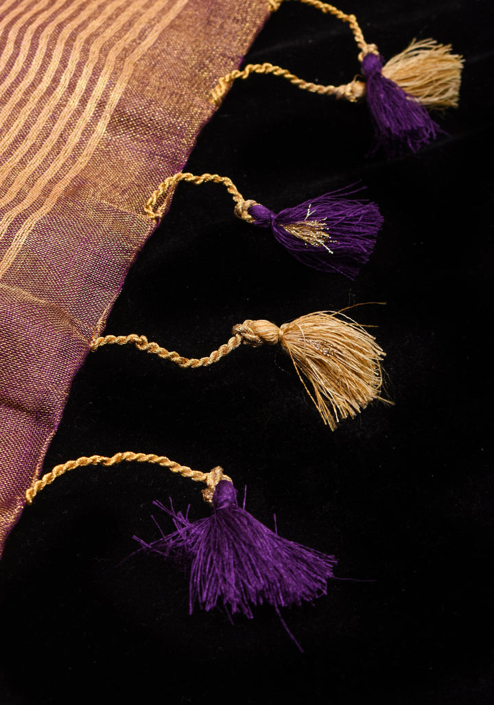 Parijaat Flower Embroidery Tissue Linen Saree in Purple | Shobitam saree