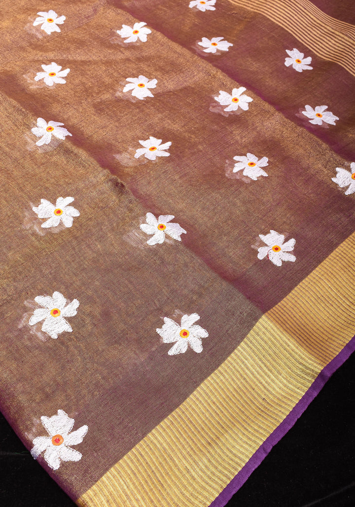 Parijaat Flower Embroidery Tissue Linen Saree in Purple | Shobitam saree