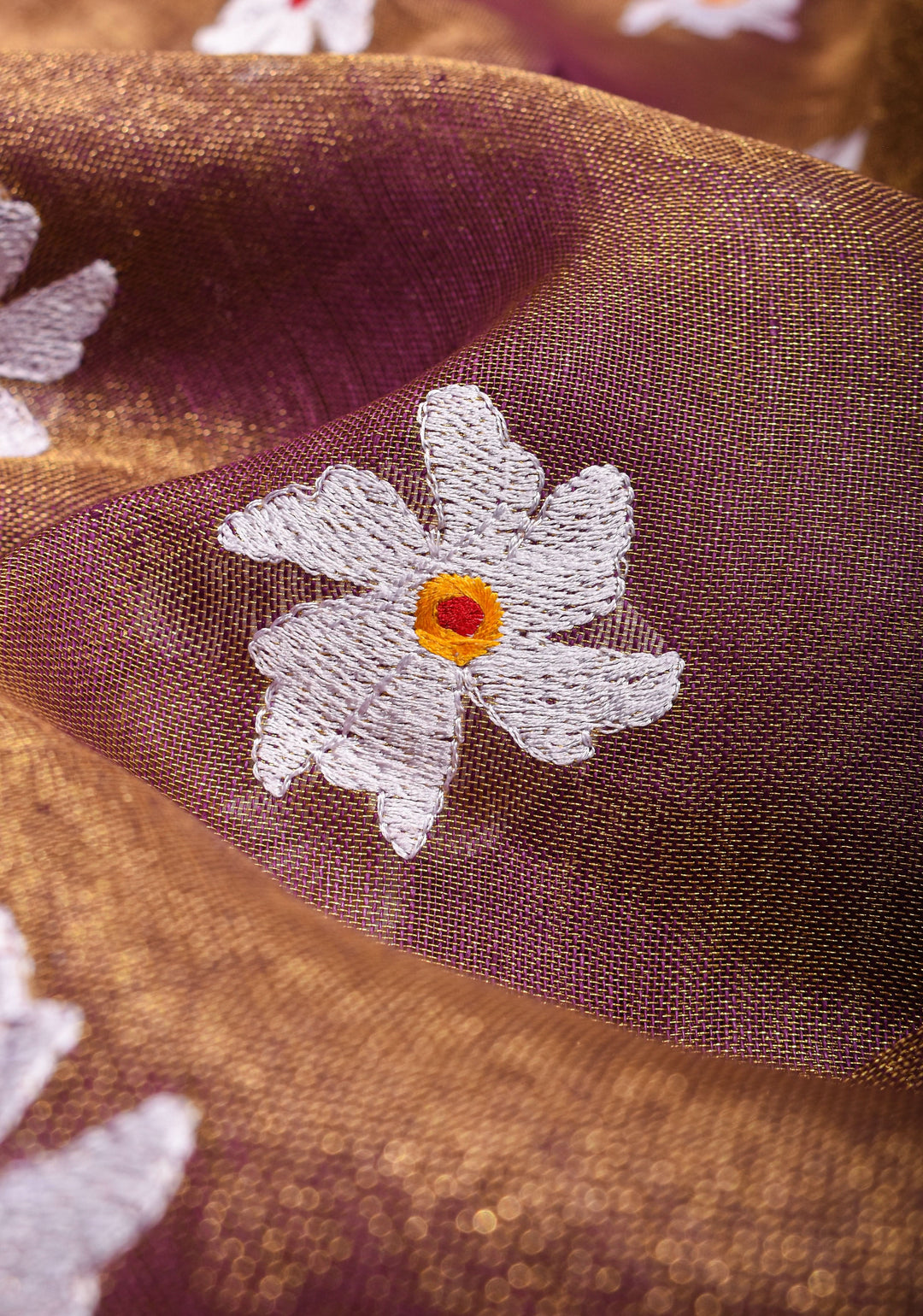 Parijaat Flower Embroidery Tissue Linen Saree in Purple | Shobitam saree