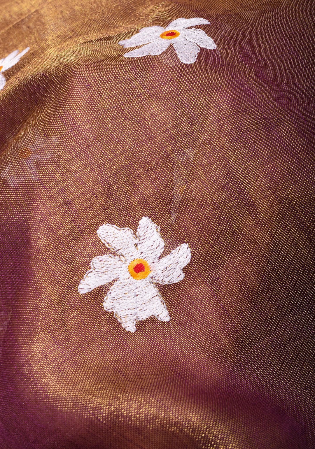 Parijaat Flower Embroidery Tissue Linen Saree in Purple | Shobitam saree