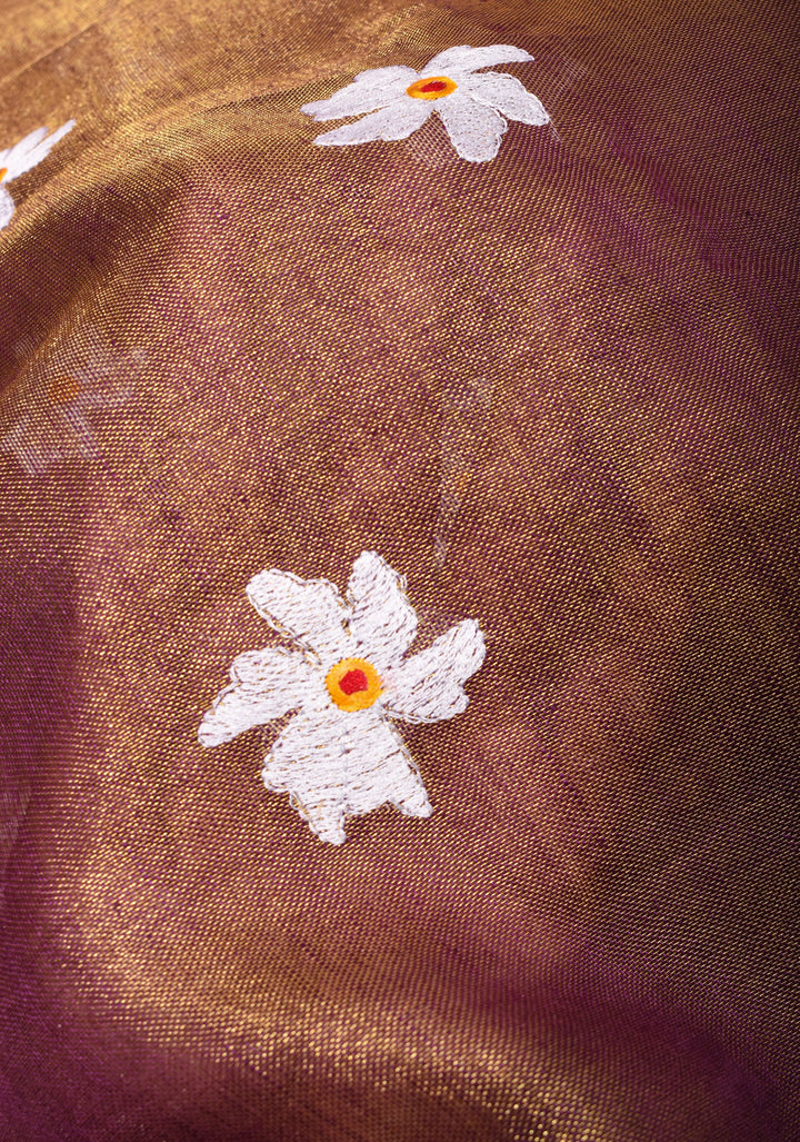 Parijaat Flower Embroidery Tissue Linen Saree in Purple | Shobitam saree