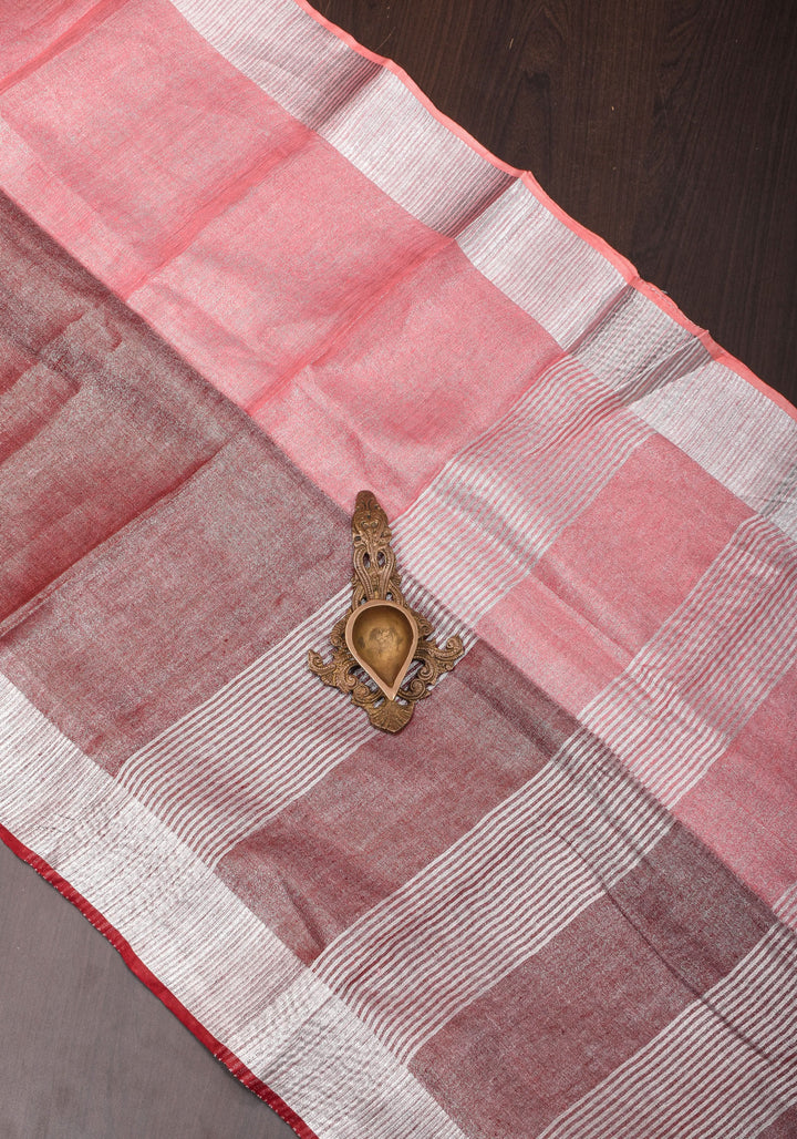 Pomegranate Ombre Tissue Linen Saree with Silver Ribbed Borders