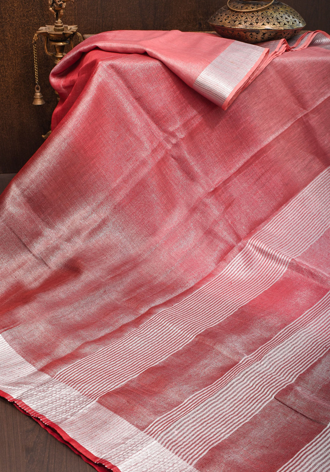 Pomegranate Ombre Tissue Linen Saree with Silver Ribbed Borders