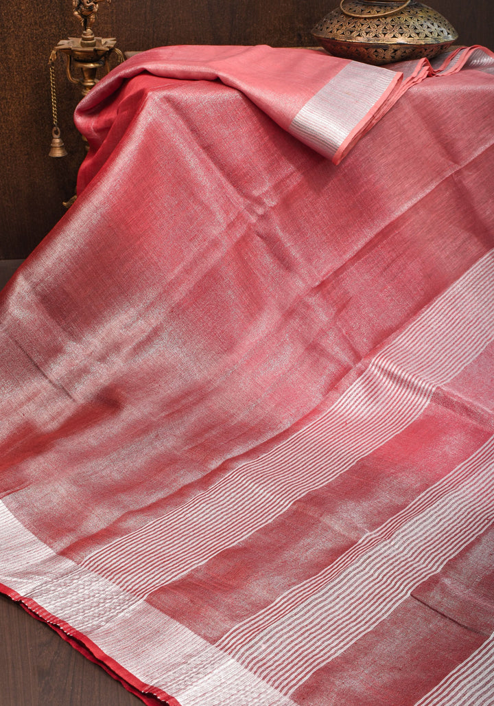 Pomegranate Ombre Tissue Linen Saree with Silver Ribbed Borders
