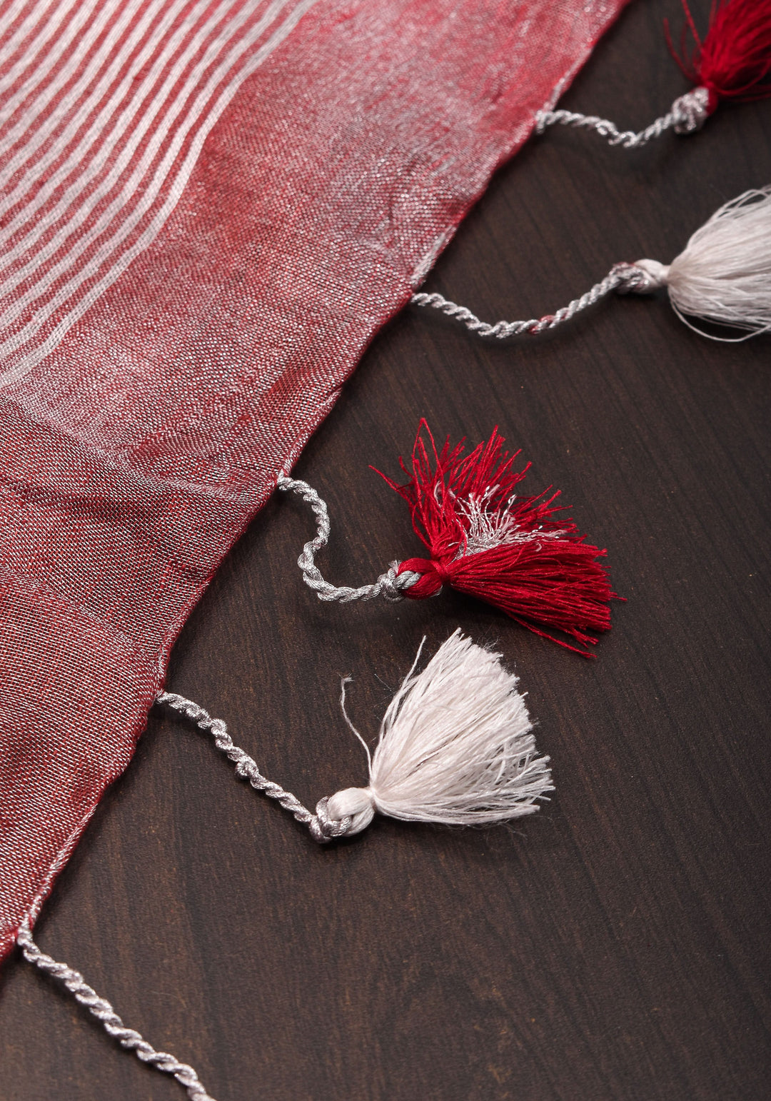 Pomegranate Ombre Tissue Linen Saree with Silver Ribbed Borders