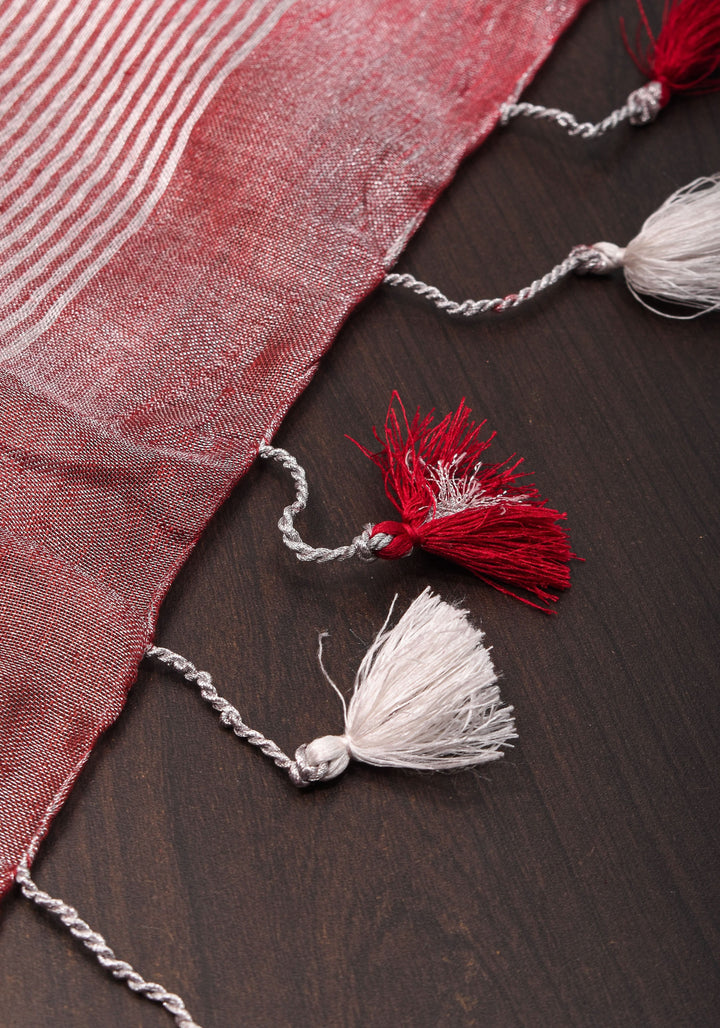 Pomegranate Ombre Tissue Linen Saree with Silver Ribbed Borders