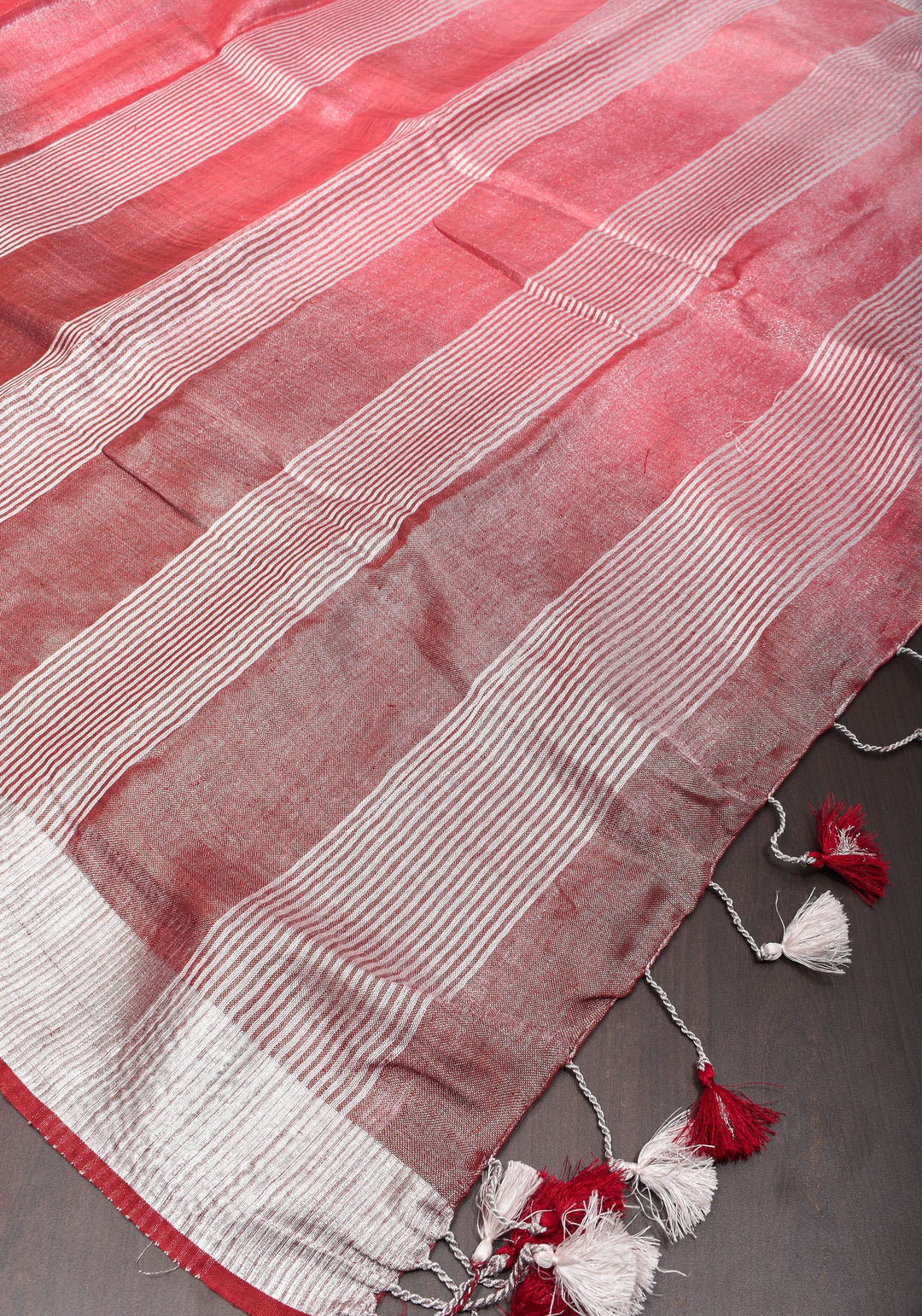 Pomegranate Ombre Tissue Linen Saree with Silver Ribbed Borders