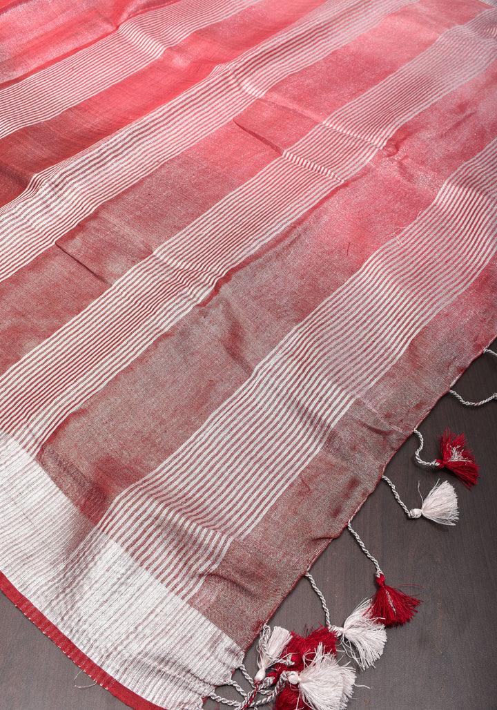 Pomegranate Ombre Tissue Linen Saree with Silver Ribbed Borders