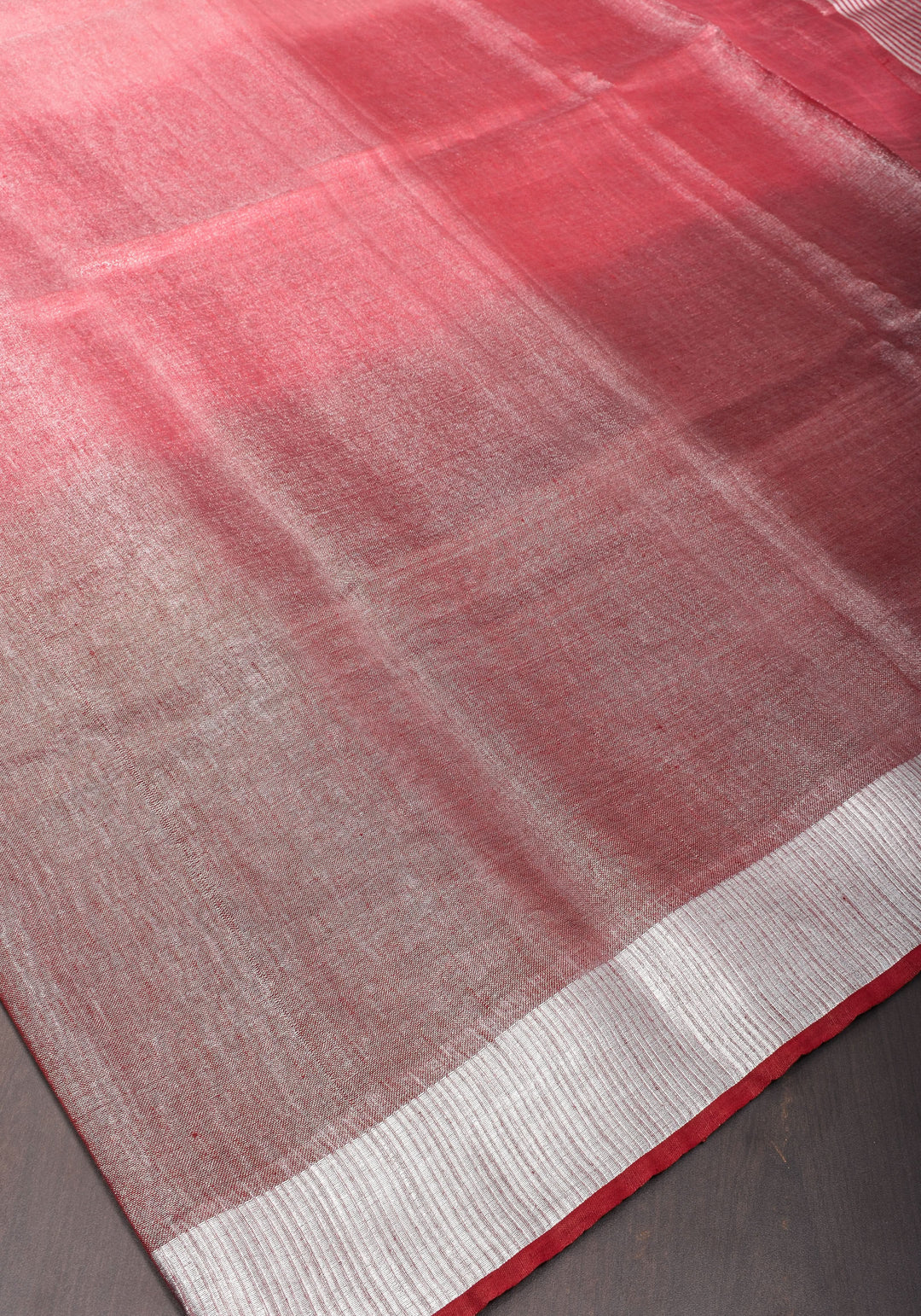 Pomegranate Ombre Tissue Linen Saree with Silver Ribbed Borders