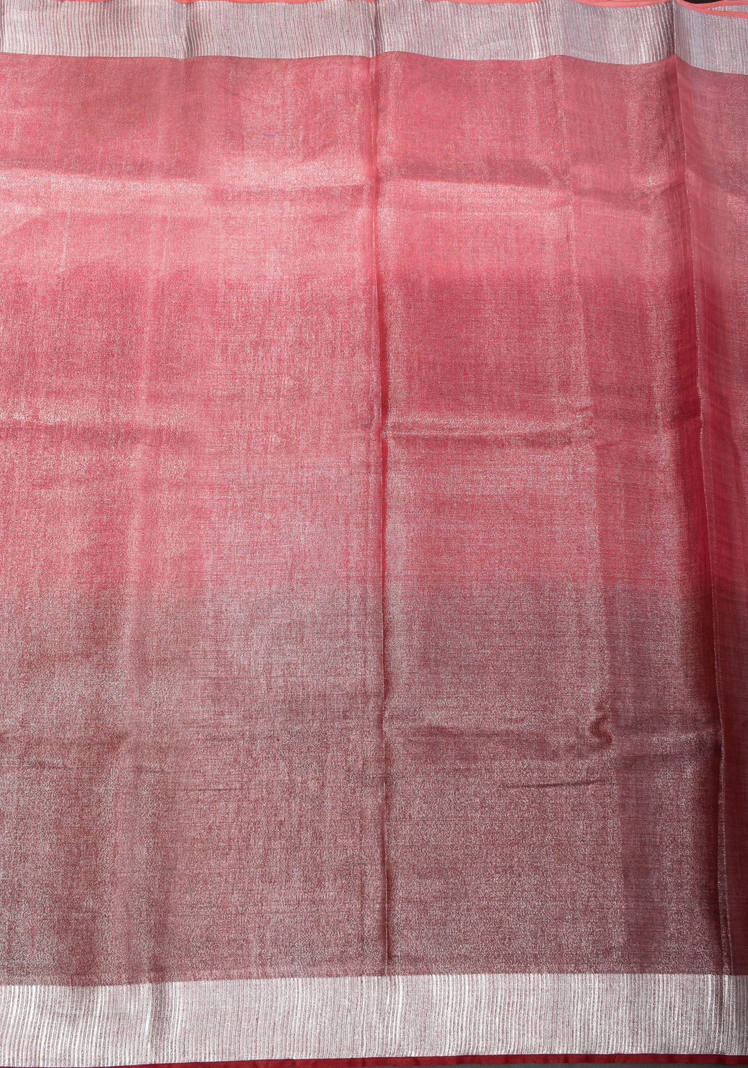 Pomegranate Ombre Tissue Linen Saree with Silver Ribbed Borders