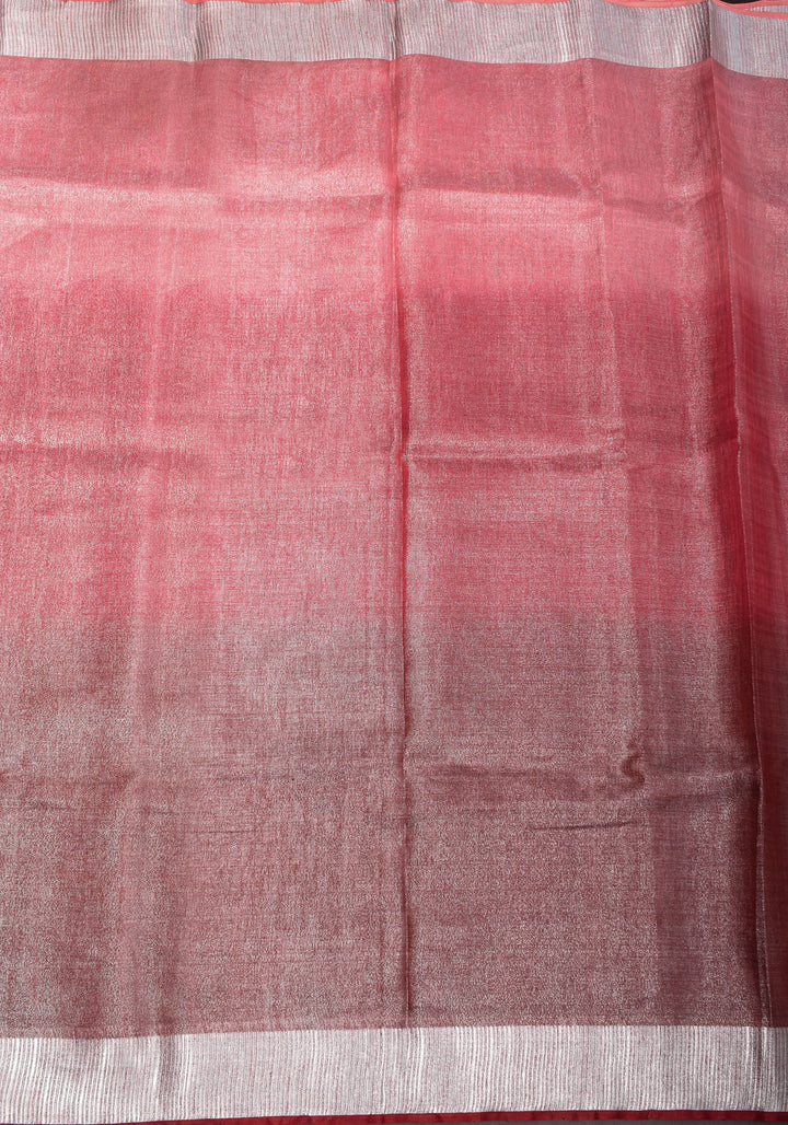 Pomegranate Ombre Tissue Linen Saree with Silver Ribbed Borders