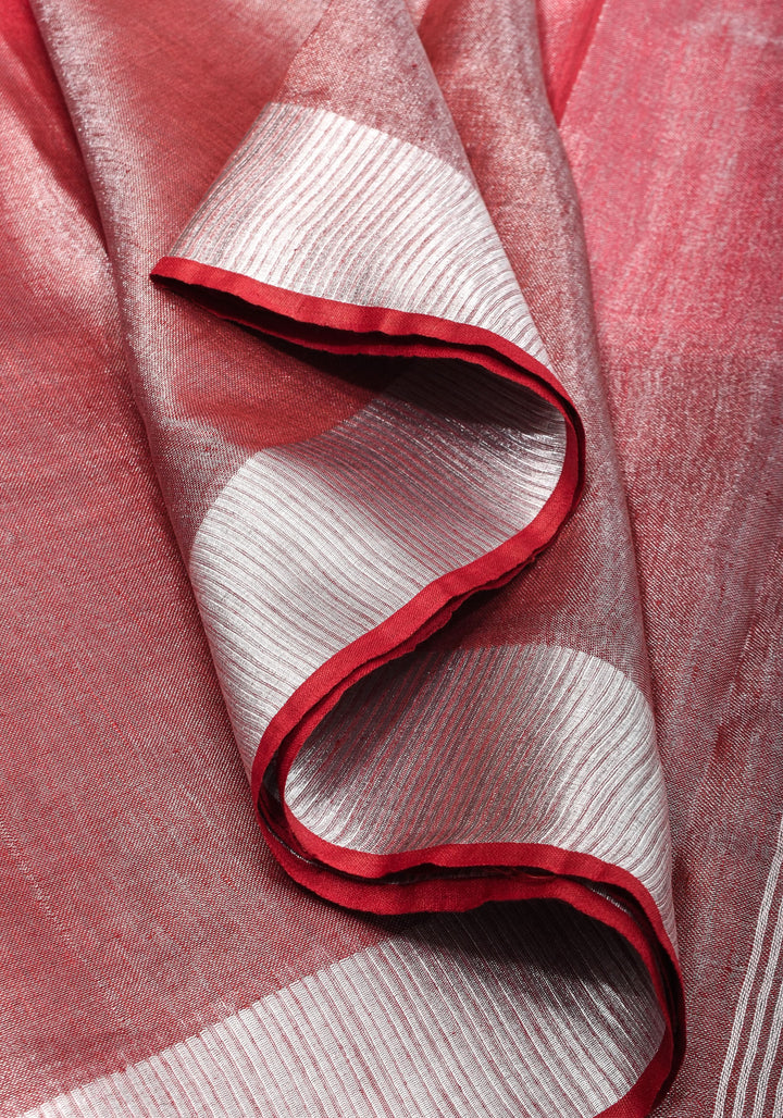 Pomegranate Ombre Tissue Linen Saree with Silver Ribbed Borders