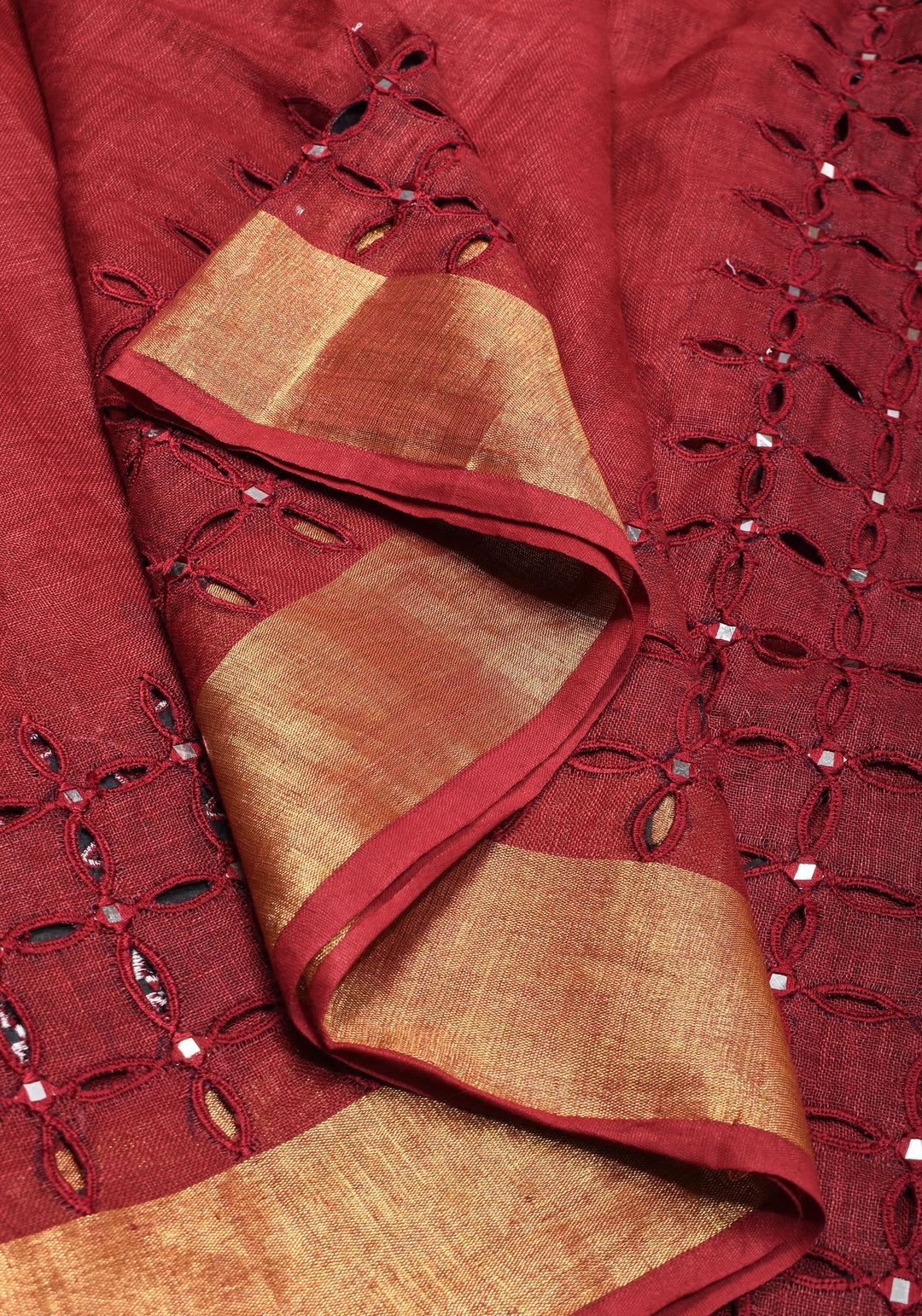 Chudi Design- Linen by Linen Cutwork and Mirrorwork Saree in Deep Red