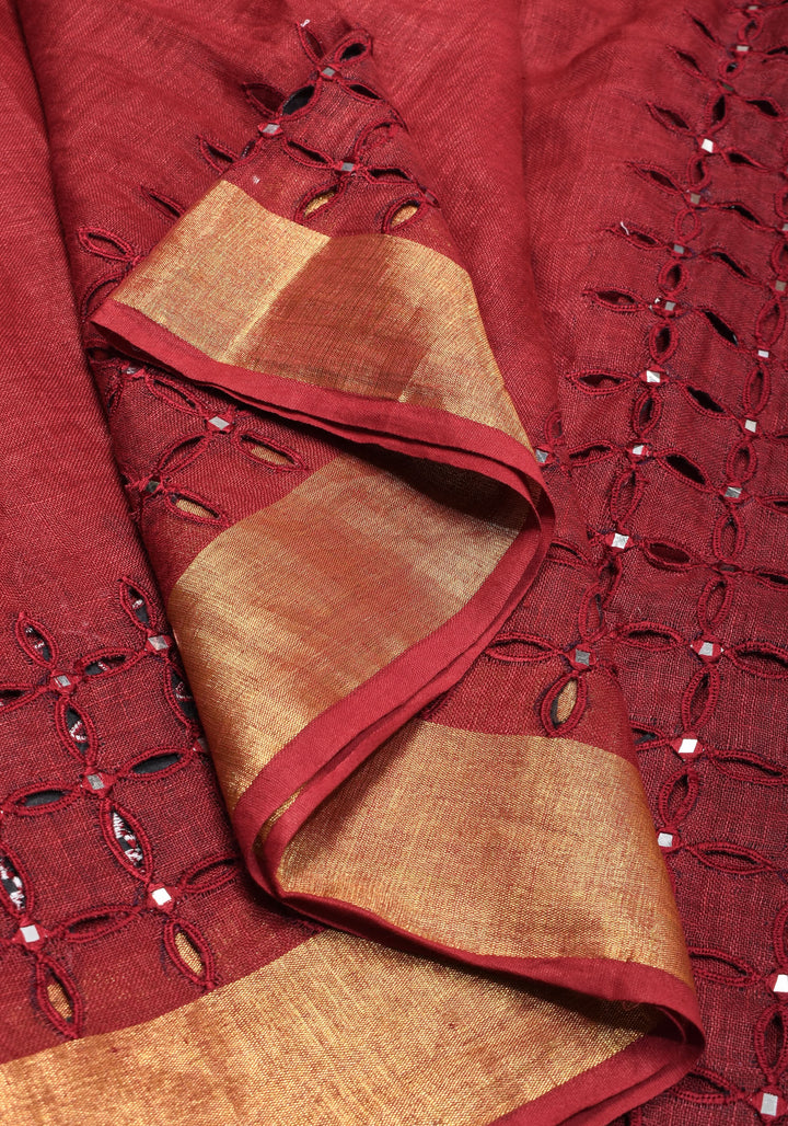 Chudi Design- Linen by Linen Cutwork and Mirrorwork Saree in Deep Red