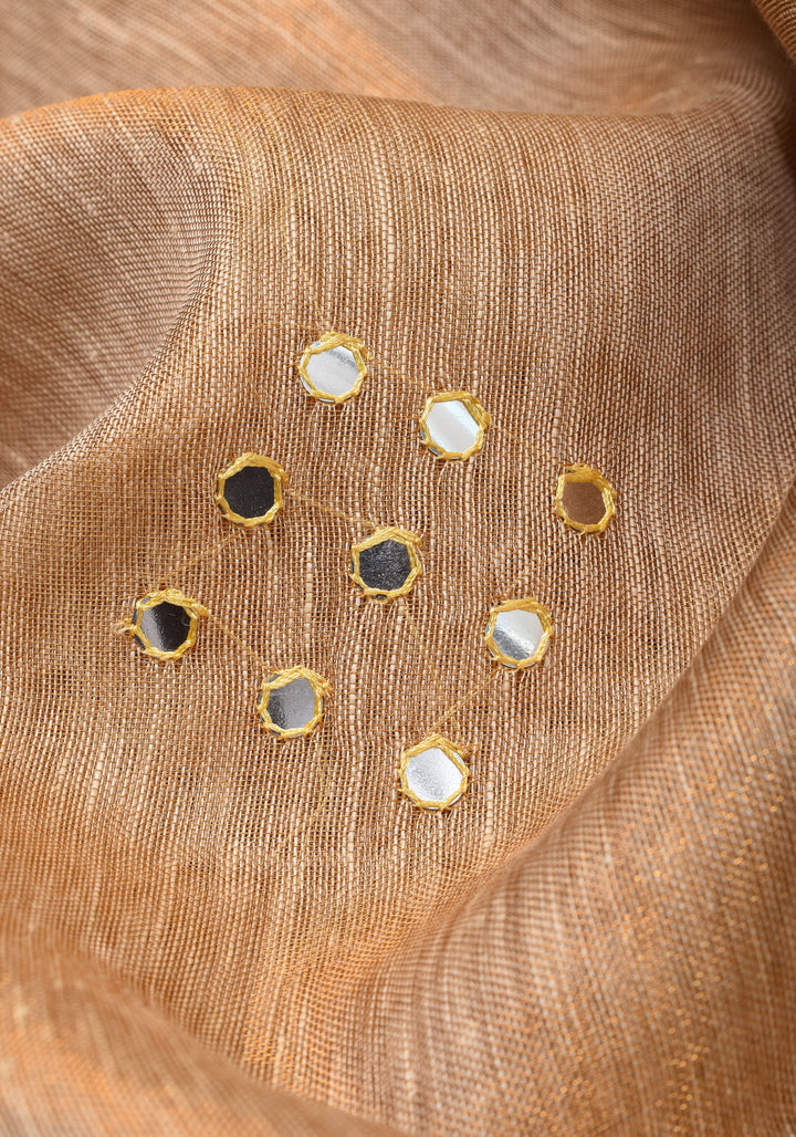 Tan Gold Tissue Linen Saree with light mirror work