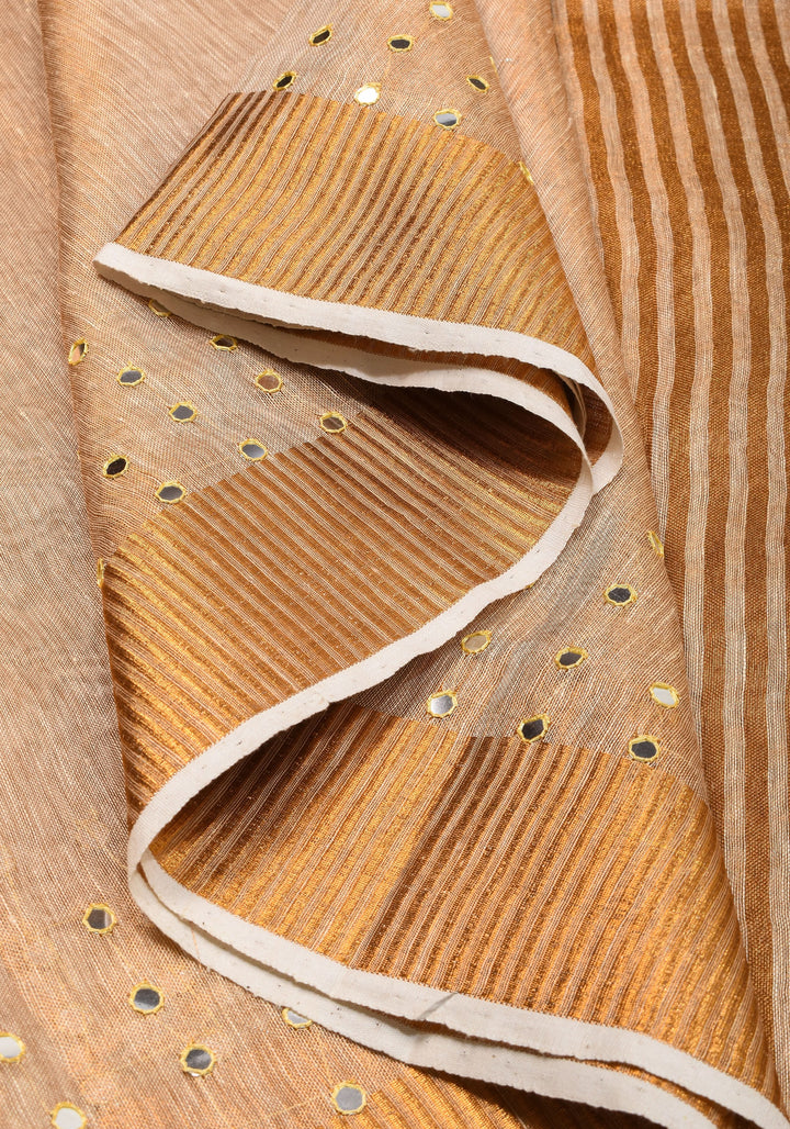 Tan Gold Tissue Linen Saree with light mirror work