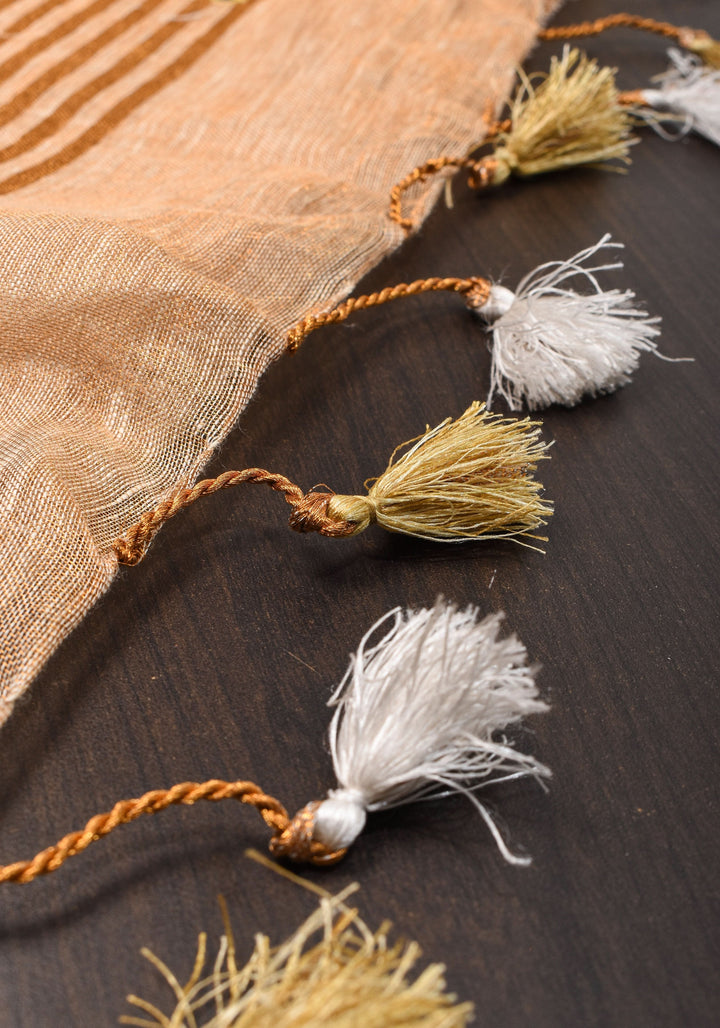 Tan Gold Tissue Linen Saree with light mirror work