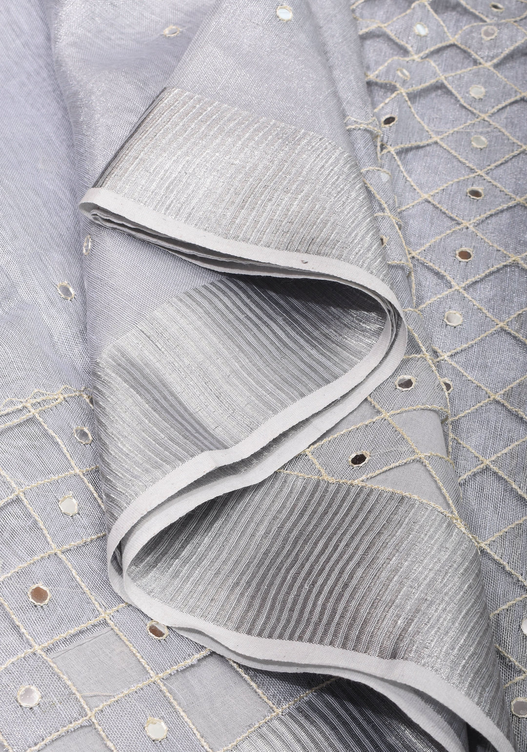 Silver Cutwork and Mirror Work Tissue Linen Saree in White Silver