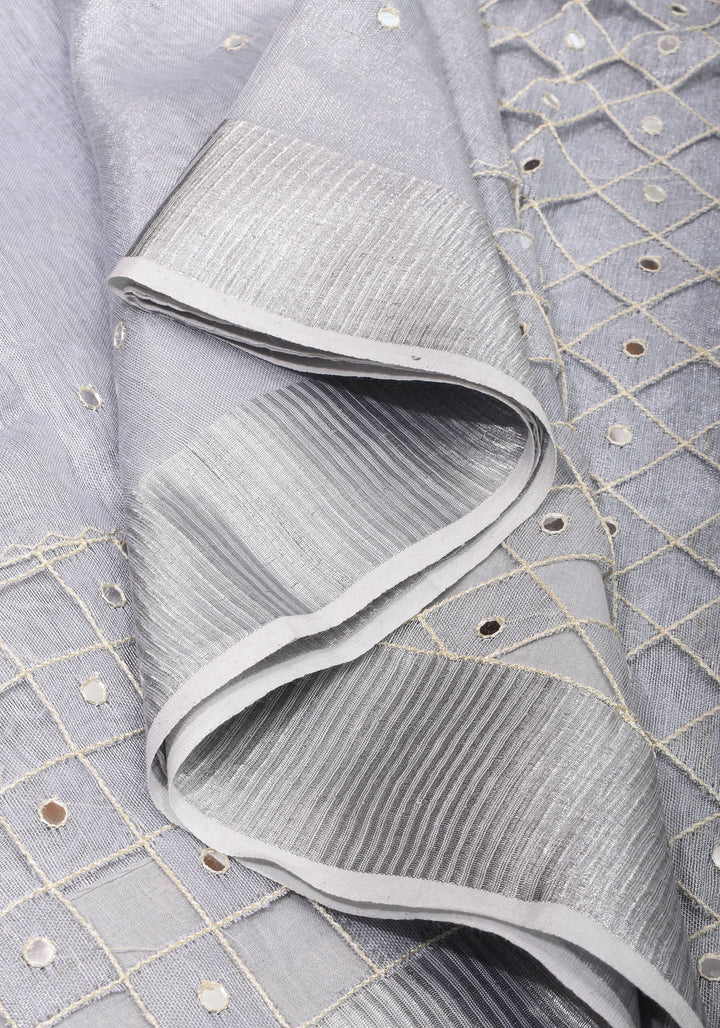 Silver Cutwork and Mirror Work Tissue Linen Saree in White Silver