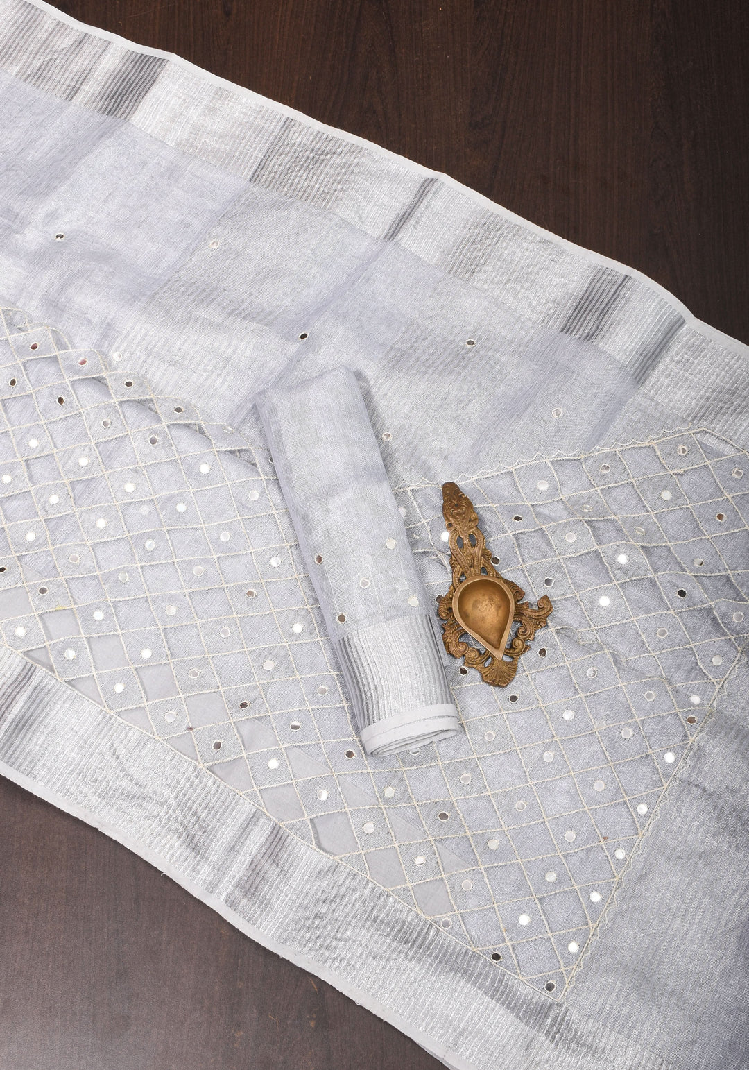 Silver Cutwork and Mirror Work Tissue Linen Saree in White Silver
