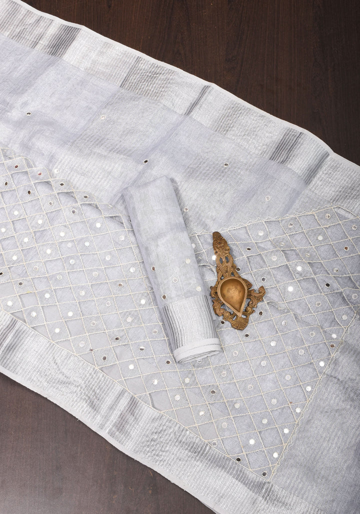 Silver Cutwork and Mirror Work Tissue Linen Saree in White Silver