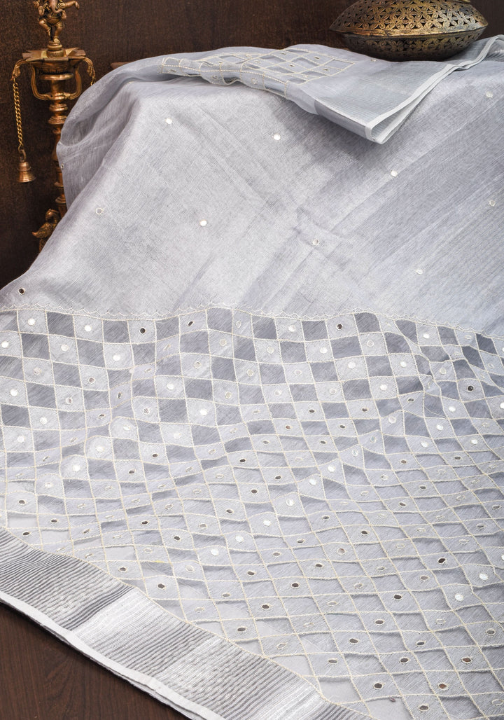 Silver Cutwork and Mirror Work Tissue Linen Saree in White Silver