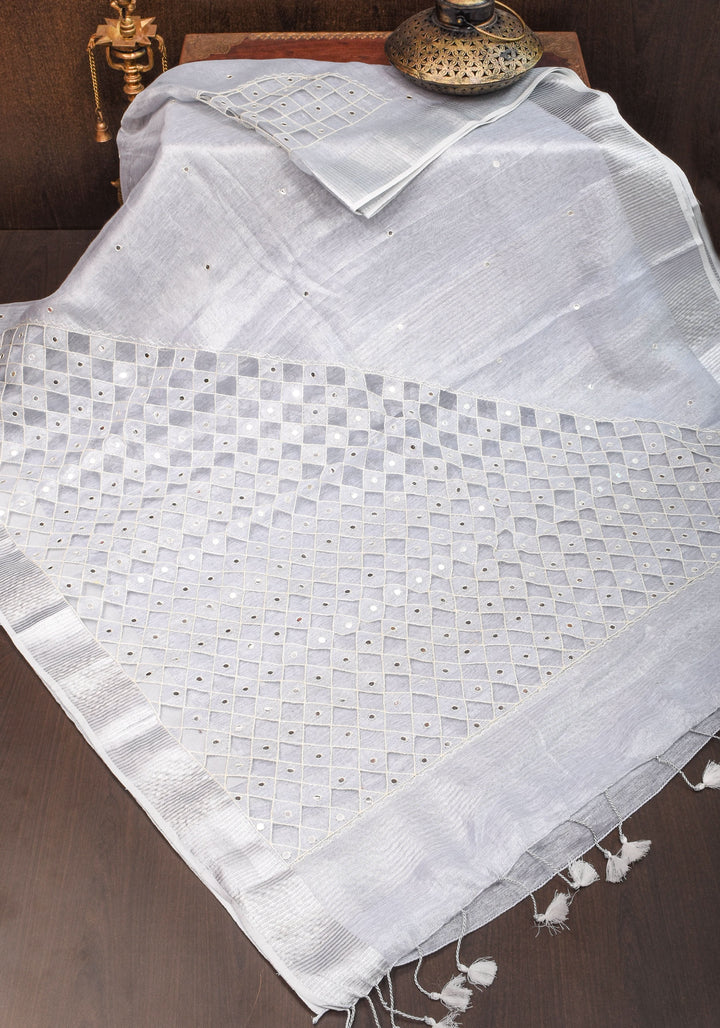 Silver Cutwork and Mirror Work Tissue Linen Saree in White Silver