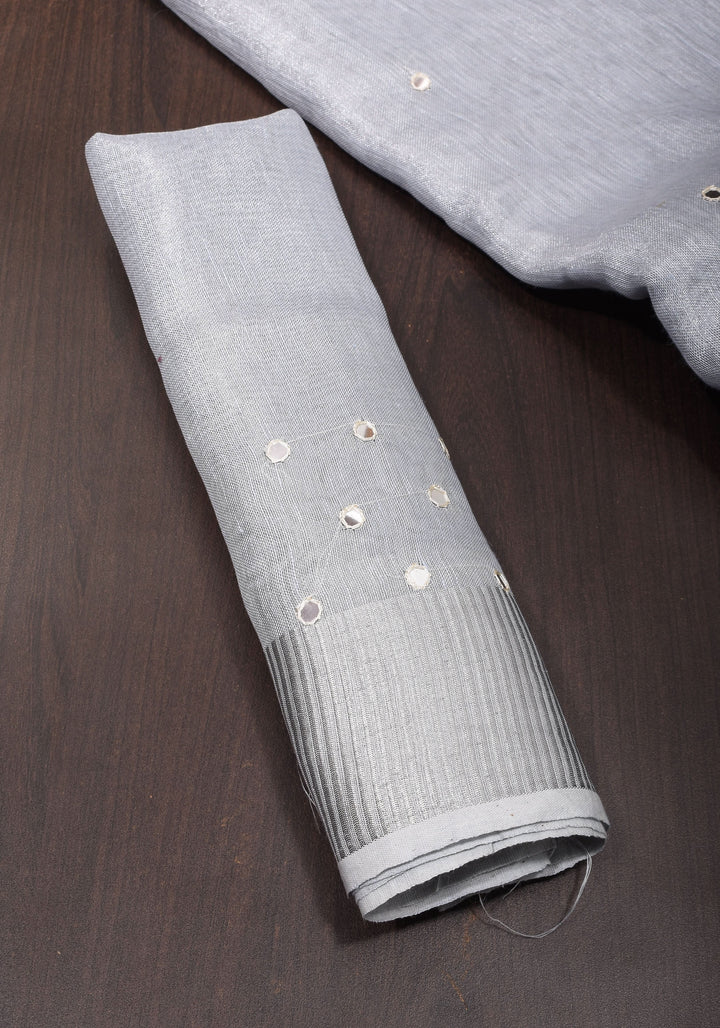 Silver Cutwork and Mirror Work Tissue Linen Saree in White Silver
