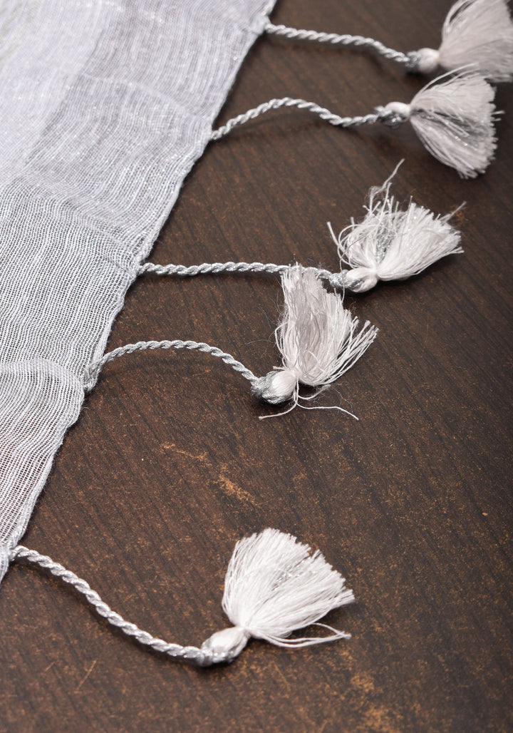 Silver Cutwork and Mirror Work Tissue Linen Saree in White Silver