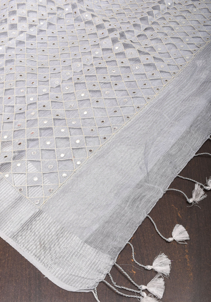 Silver Cutwork and Mirror Work Tissue Linen Saree in White Silver