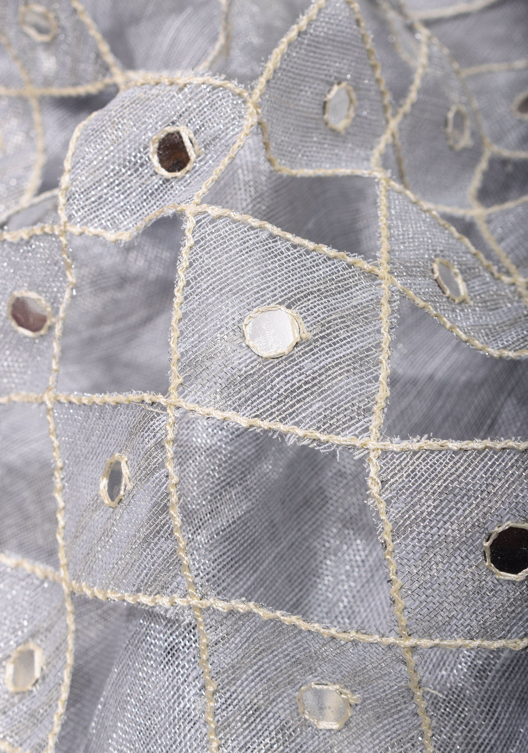 Silver Cutwork and Mirror Work Tissue Linen Saree in White Silver