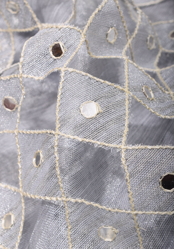 Silver Cutwork and Mirror Work Tissue Linen Saree in White Silver