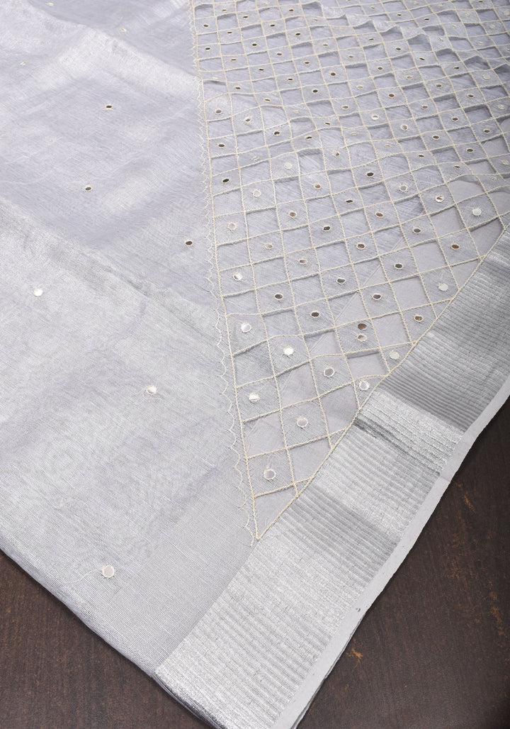 Silver Cutwork and Mirror Work Tissue Linen Saree in White Silver