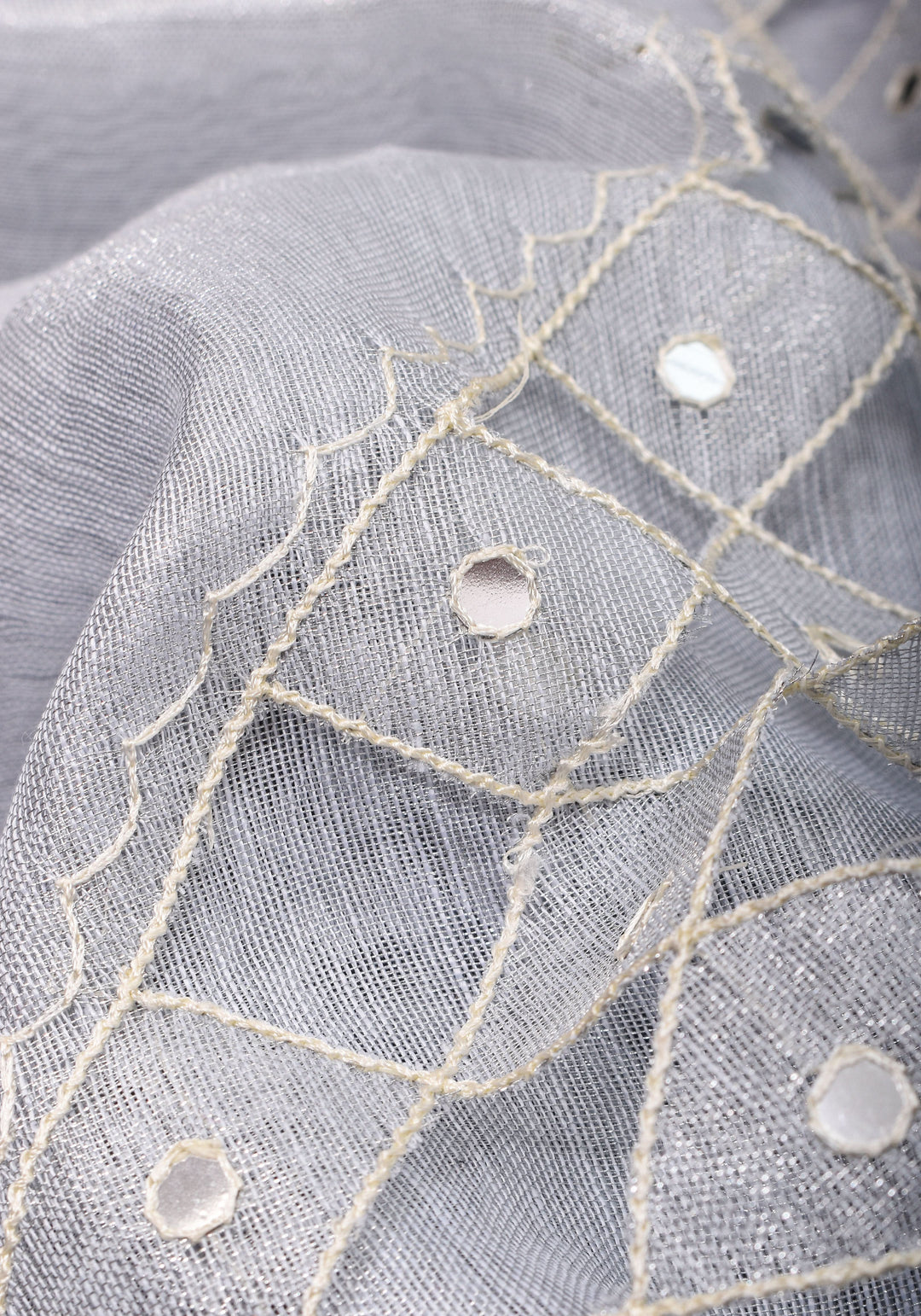 Silver Cutwork and Mirror Work Tissue Linen Saree in White Silver