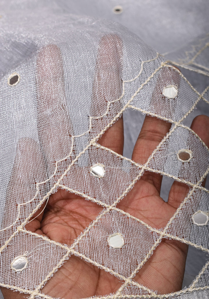 Silver Cutwork and Mirror Work Tissue Linen Saree in White Silver