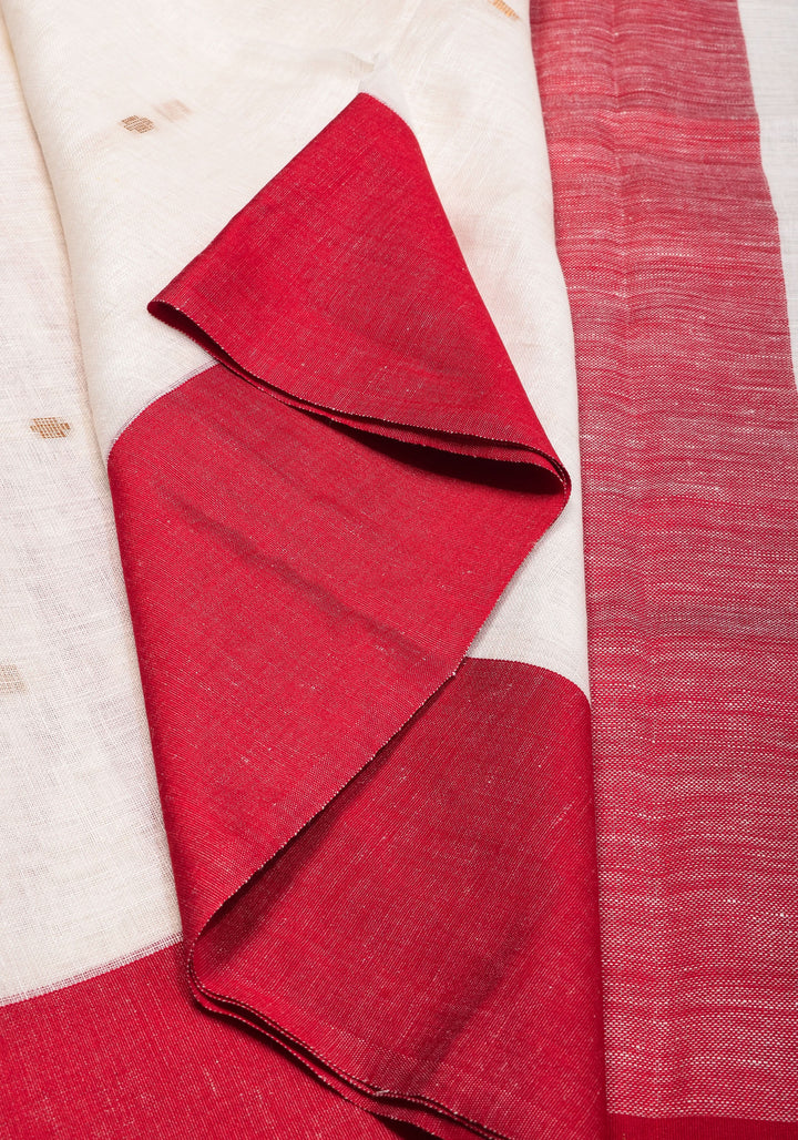 Off White and Red Linen by Linen Saree with thread Buttas