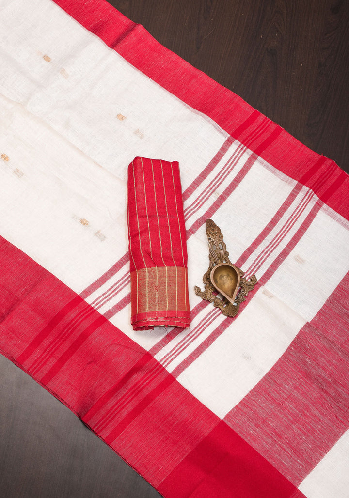Off White and Red Linen by Linen Saree with thread Buttas