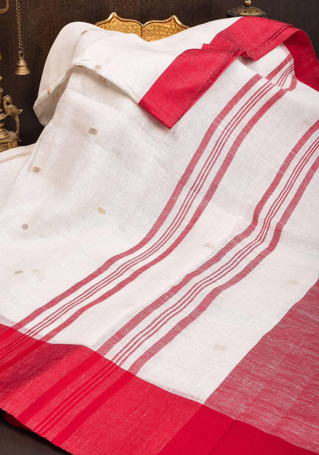 Off White and Red Linen by Linen Saree with thread Buttas