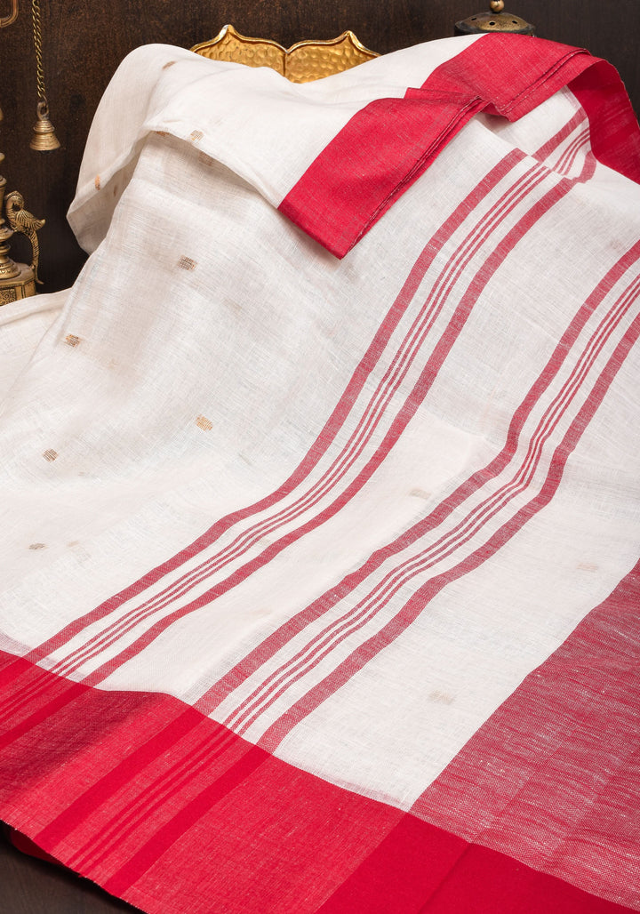 Off White and Red Linen by Linen Saree with thread Buttas