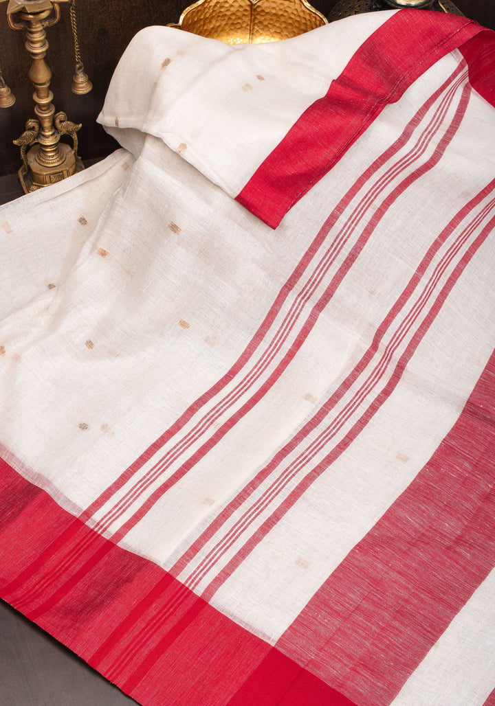 Off White and Red Linen by Linen Saree with thread Buttas