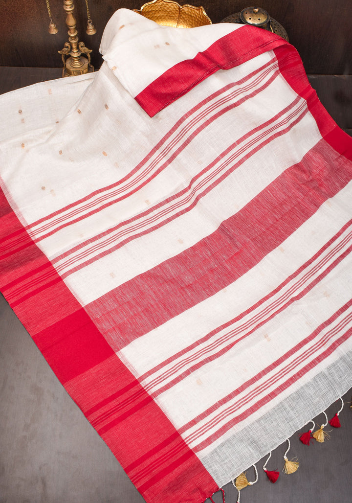 Off White and Red Linen by Linen Saree with thread Buttas