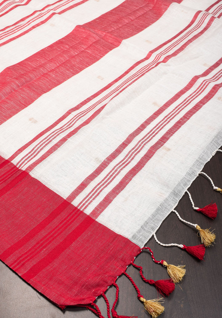 Off White and Red Linen by Linen Saree with thread Buttas
