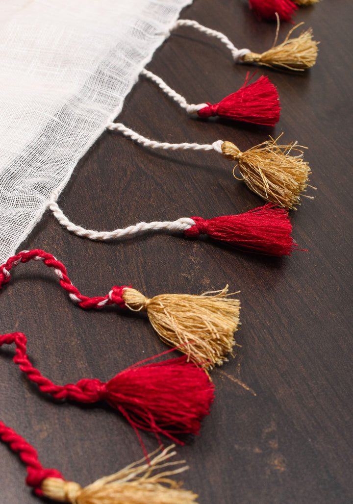Off White and Red Linen by Linen Saree with thread Buttas