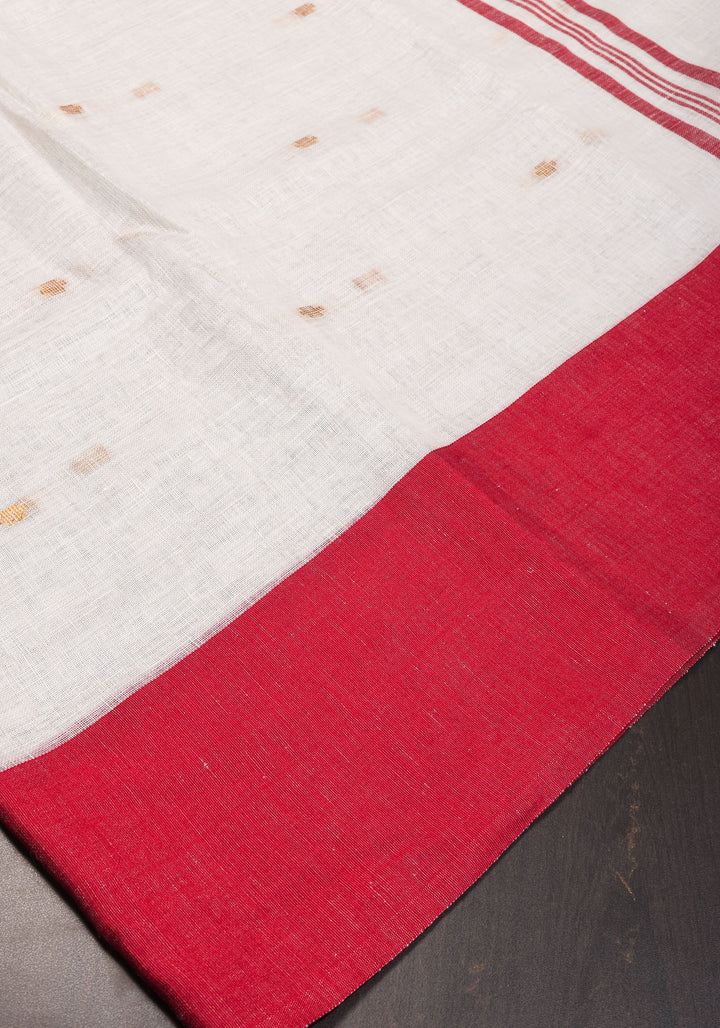 Off White and Red Linen by Linen Saree with thread Buttas