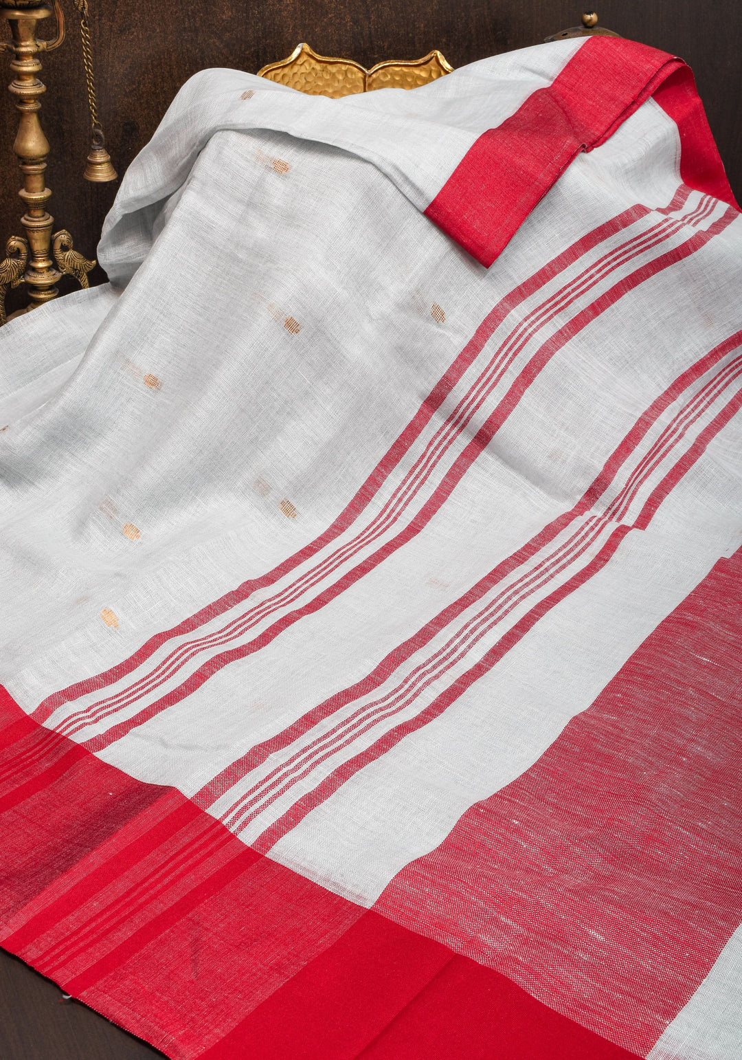 Off White and Red Linen by Linen Saree with thread Buttas