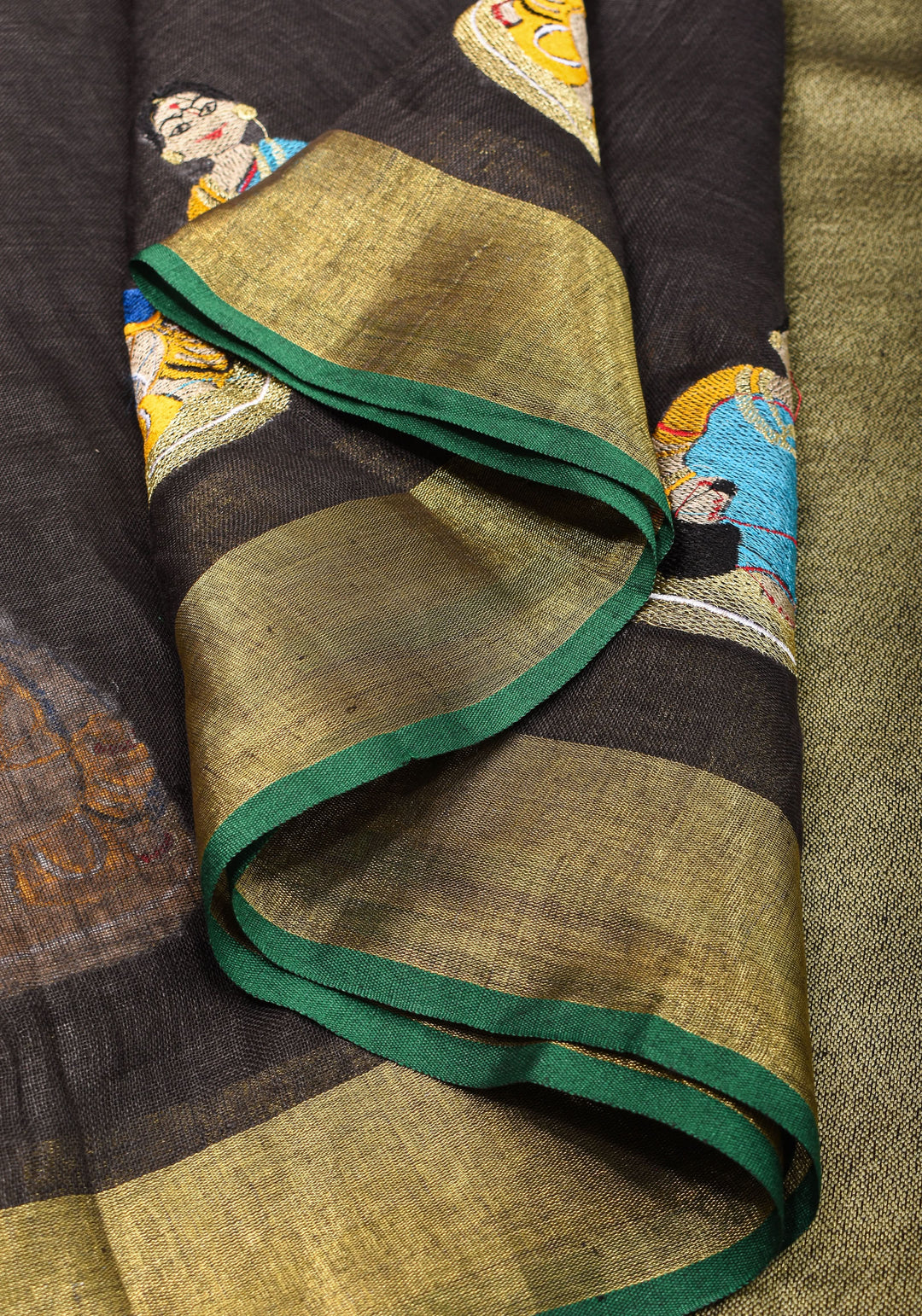 Golu Dolls Embroidery Saree in Black on Pure Linen by Linen | Shobitam saree