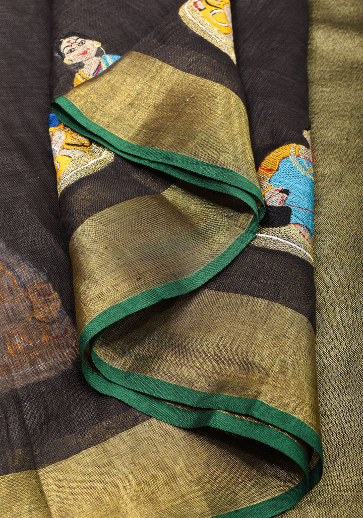 Golu Dolls Embroidery Saree in Black on Pure Linen by Linen | Shobitam saree